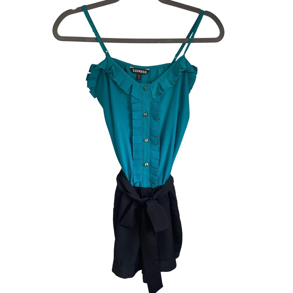Express Teal and Black Ruffle Button Front Romper with Tie Belt‎ Womens Size S